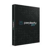 Black packaging of Perplexity Pro with geometric patterns on a white background